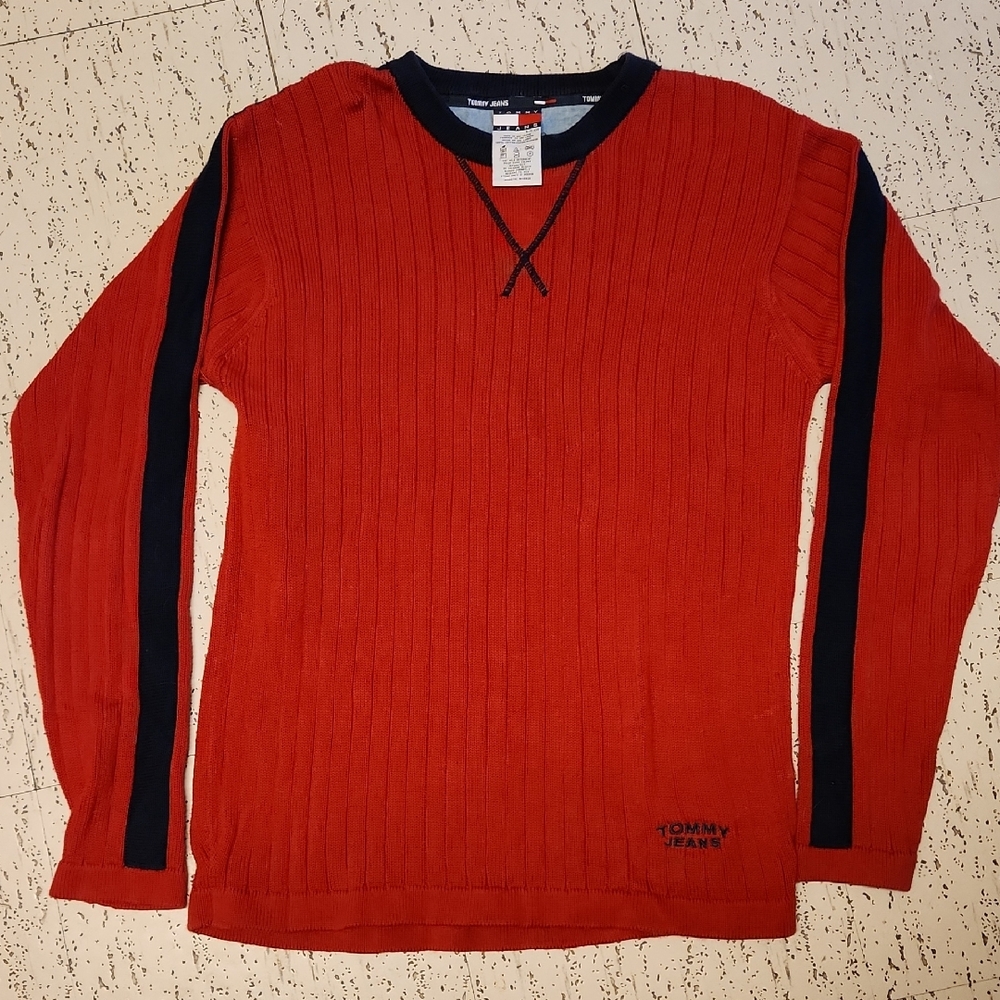 Tommy Hilfiger Jeans Red & Navy Blue Knit Spellout Crewneck Sweater Vintage 90s
